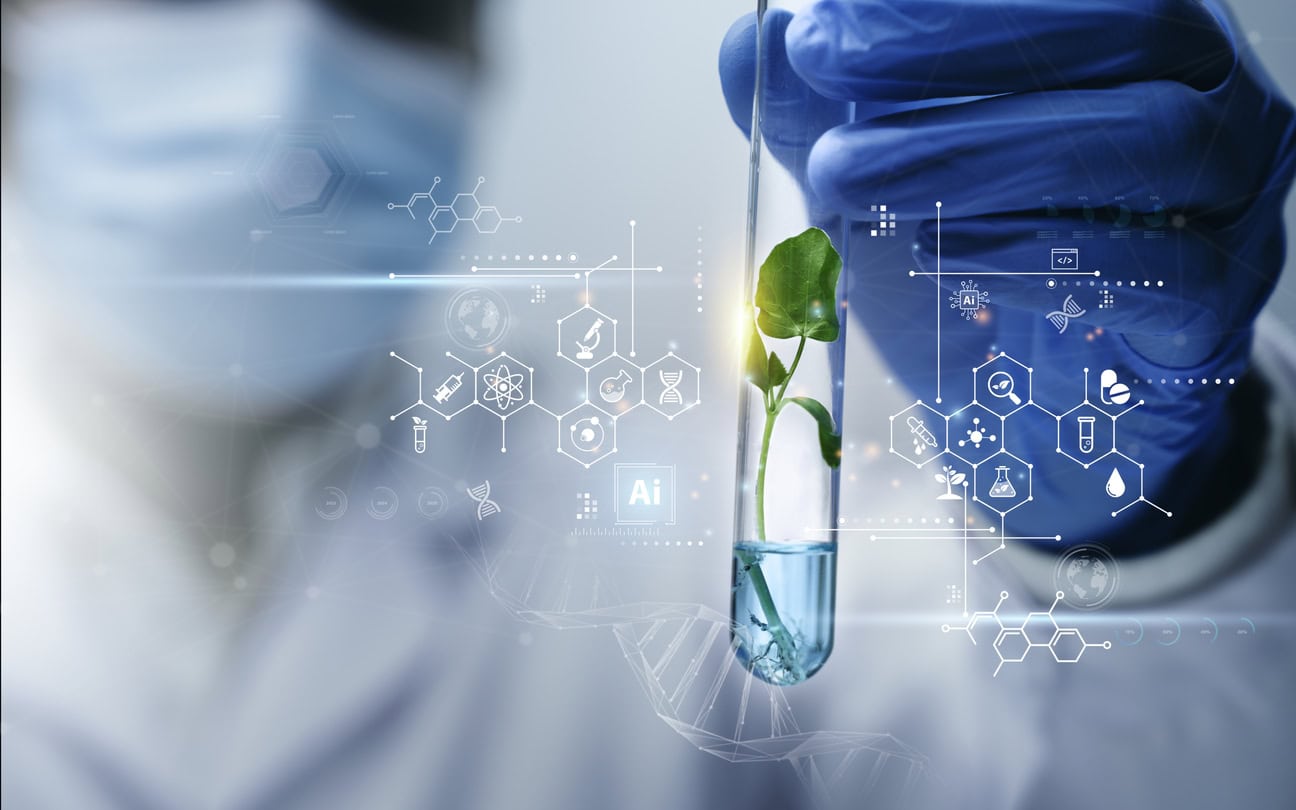 Scientist used biotechnology, ai technology, and dna plant in tube of scientific lab for medical research and Plant genetics development in Food industry. science chemistry in laboratory